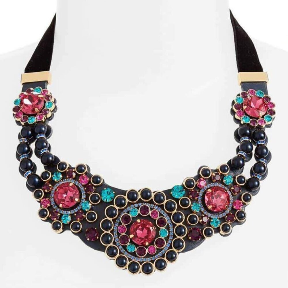 Kate Spade Statement Necklace Leather Crystal Pearl Beads Victorian Box - Picture 3 of 8